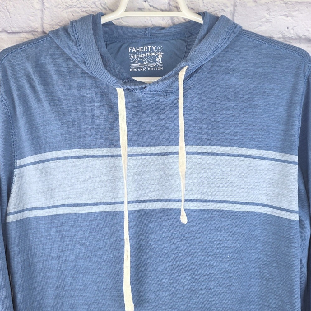 Faherty Hoodie Blue Mens Sunwashed Organic Cotton Pullover Striped Size Large